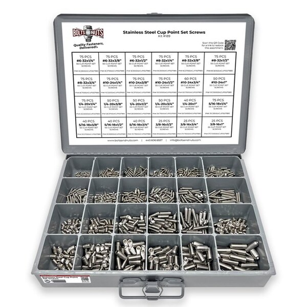 Boltsandnuts.Com Inch Stainless Steel Cup Point Allen Socket Set Screw Coarse - 1396 PCS Assortment Kit #189 - main